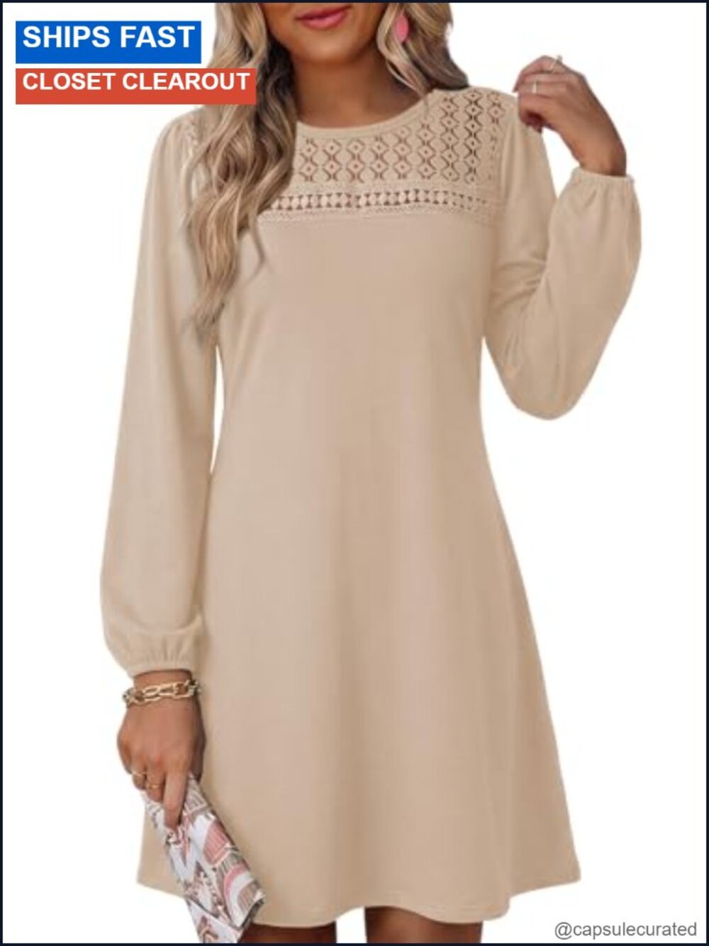 Women's Long Sleeve A-Line Babydoll Mini Dress Crewneck Casual